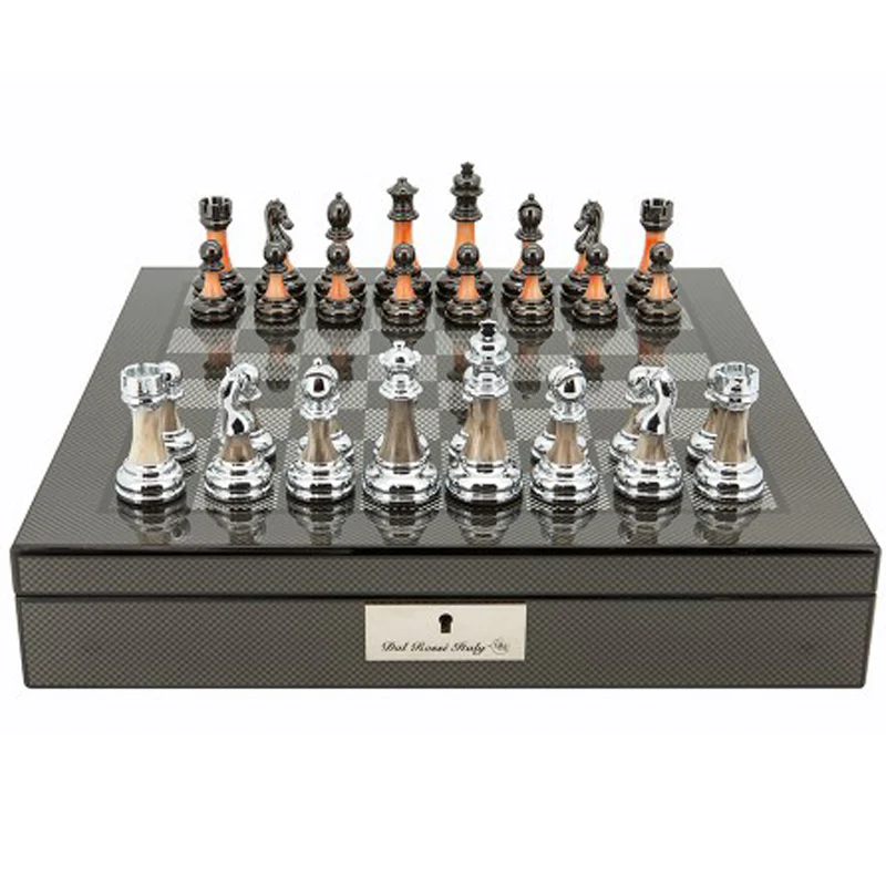 Dal Rossi Italy Carbon Fibre Shiny Finish Chess Box 16â with Metal Marble Chess Pieces